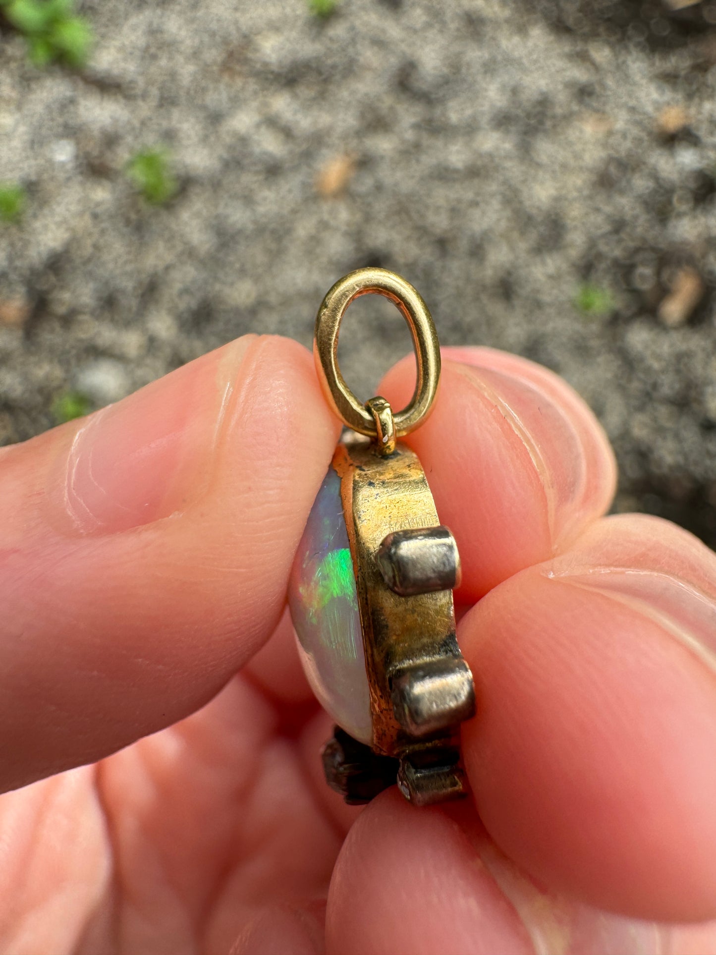 Vintage 14ct yellow gold 3.5ct opal cabochon, rose cut diamond and old mine cut diamond pendant