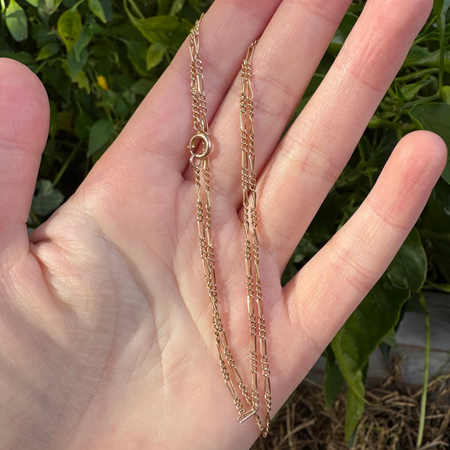Antique 9ct rosy yellow gold figaro chain, 44.5cm / 17.52 inches long