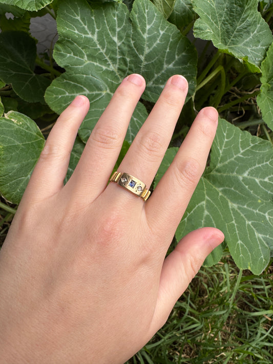 Antique Australian 15ct rosy yellow gold natural sapphire and old single cut diamond gypsy ring