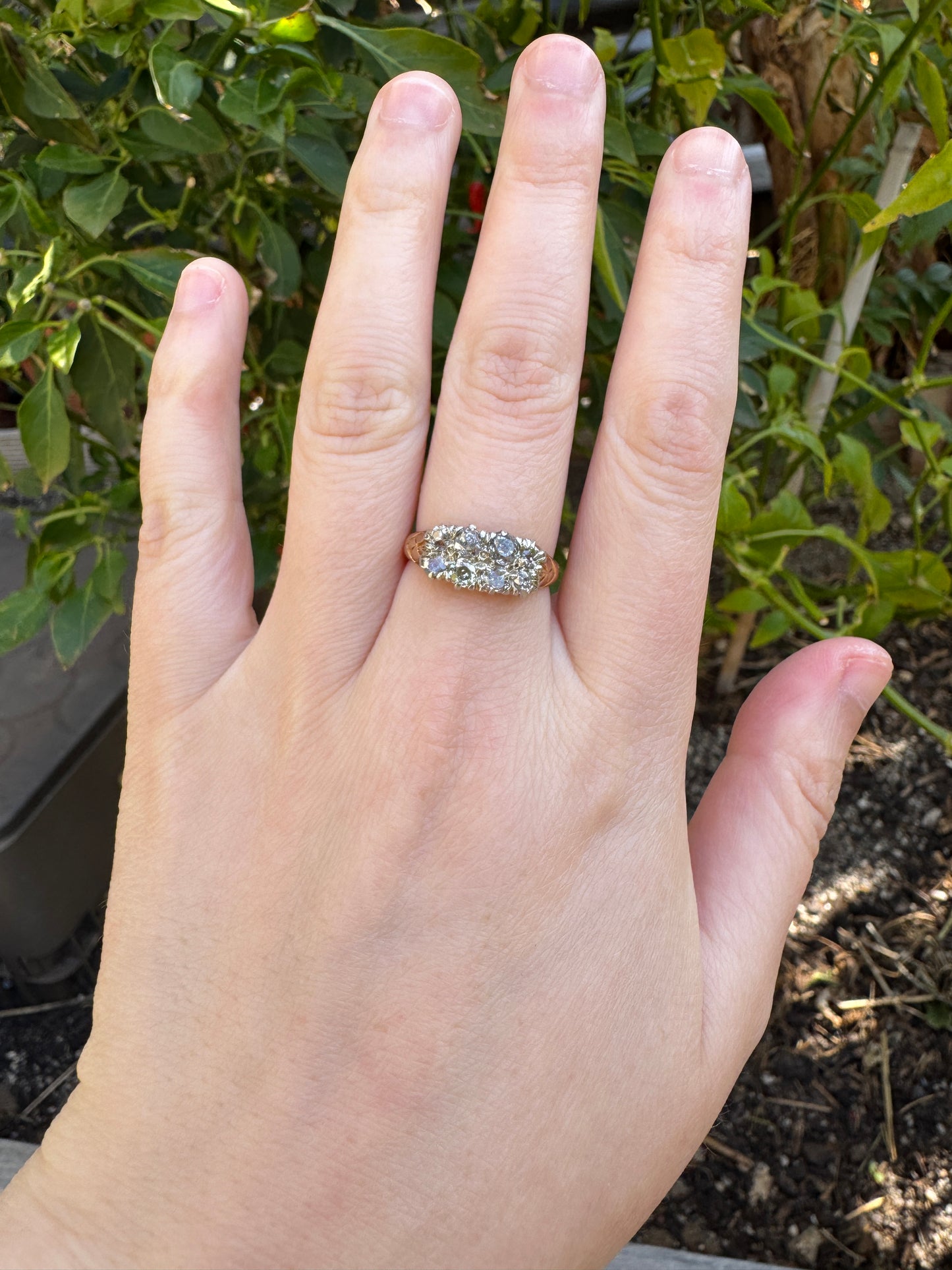 Antique 18ct yellow gold and platinum 1.1ct TCW old mine cut diamond double row ring