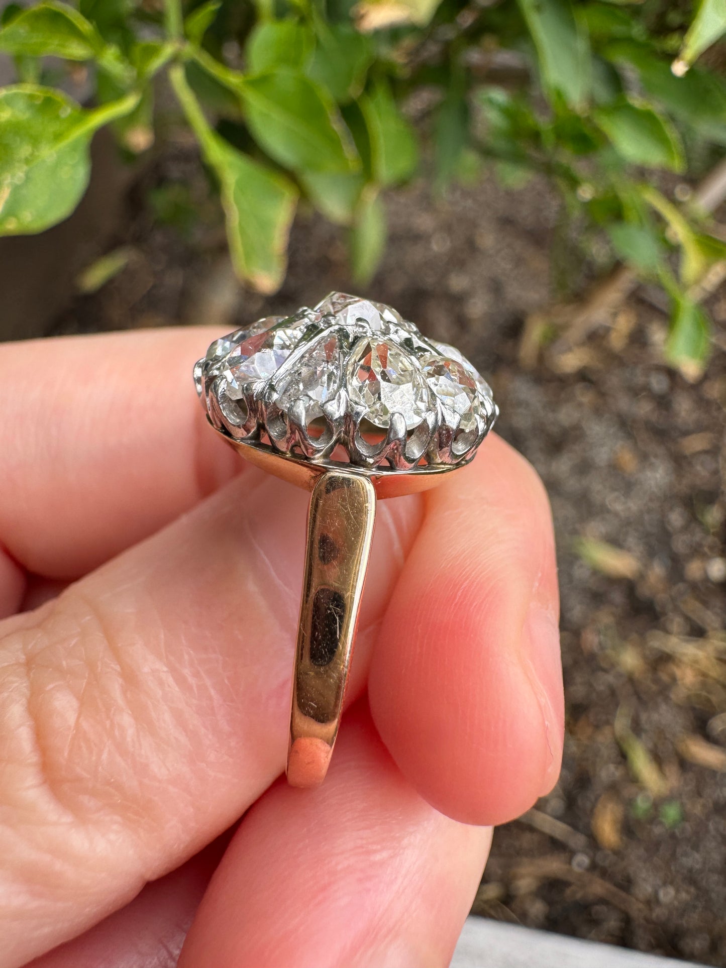 Vintage 14ct yellow gold and platinum 3.4ct TCW old pear cut and old mine cut diamond cluster ring