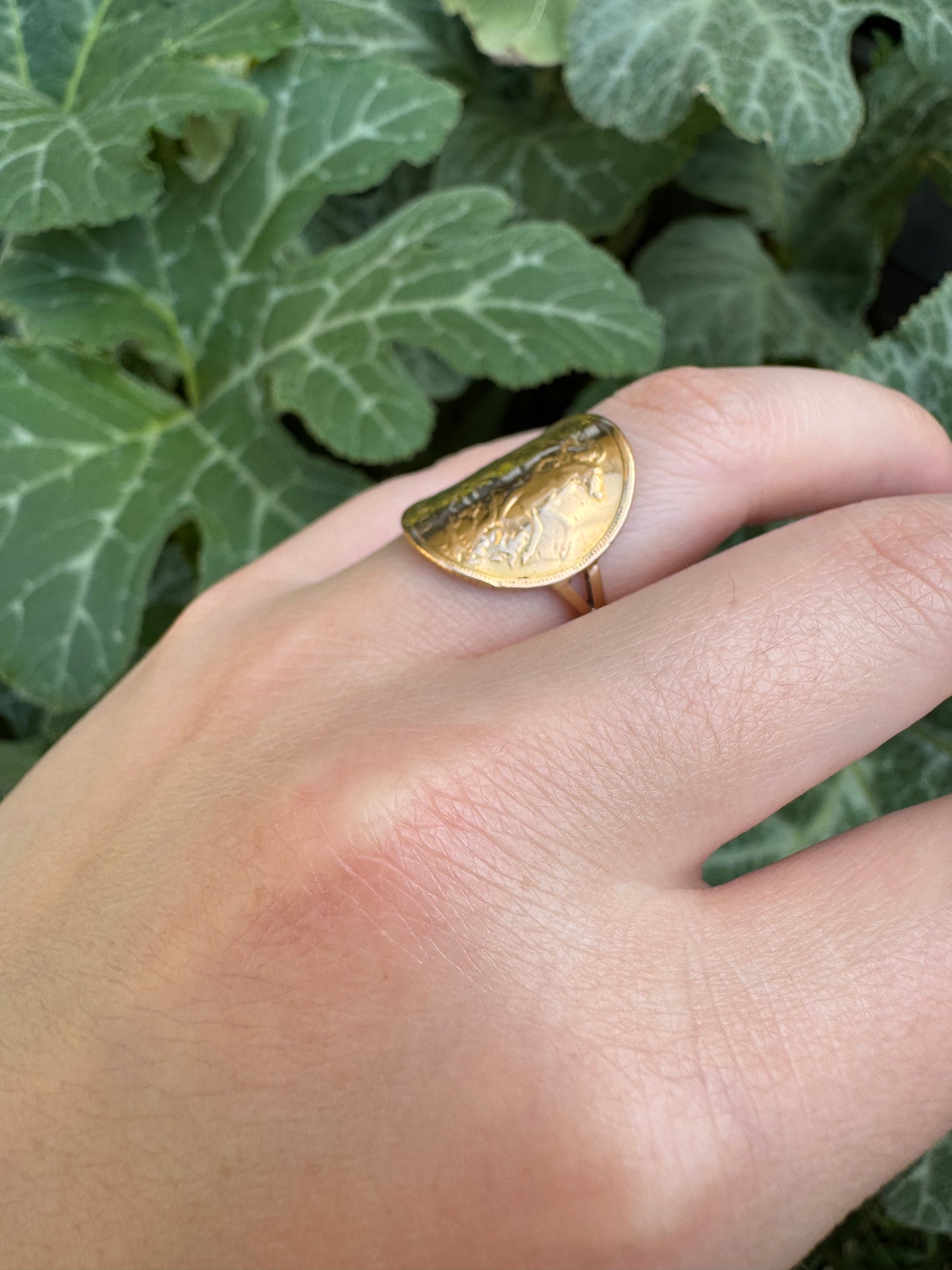 Vintage 22ct yellow gold half sovereign coin on 9ct yellow gold band ring