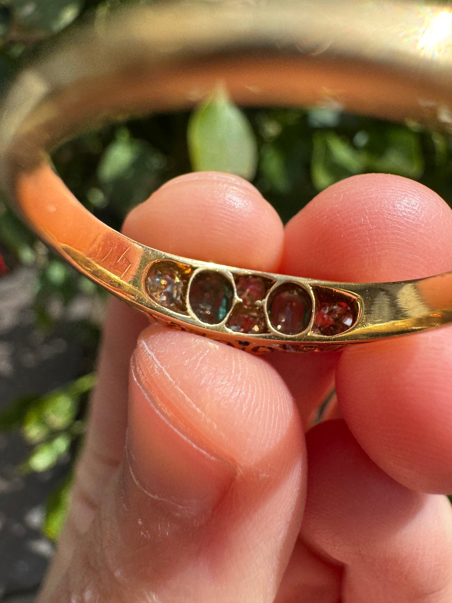 Antique Australian 18ct yellow gold 0.35ct TCW natural emerald and 0.4ct TCW old mine cut diamond ring