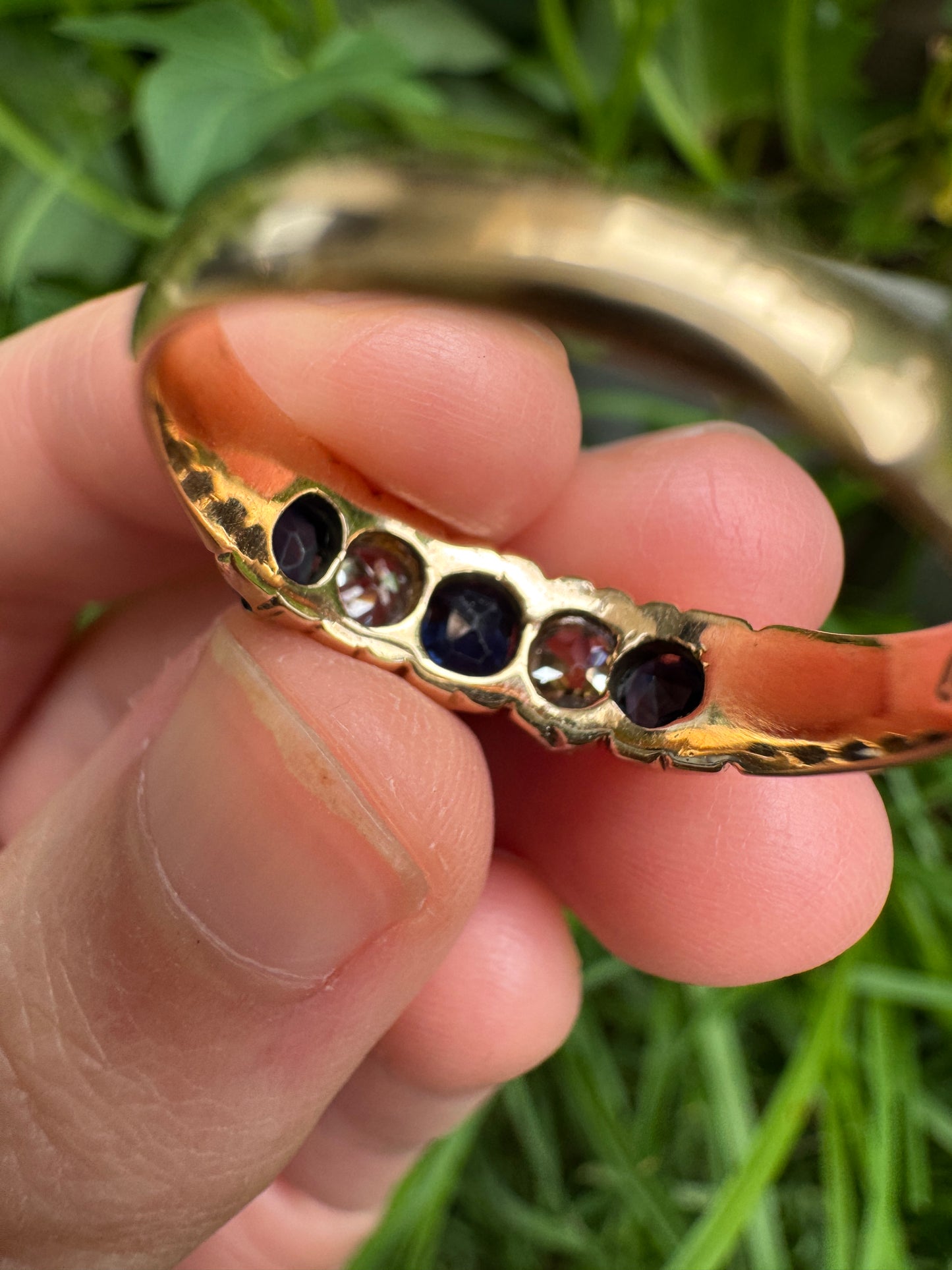 Antique 15ct yellow gold five stone 0.75ct TCW sapphire and 0.6ct TCW old mine cut diamond ring