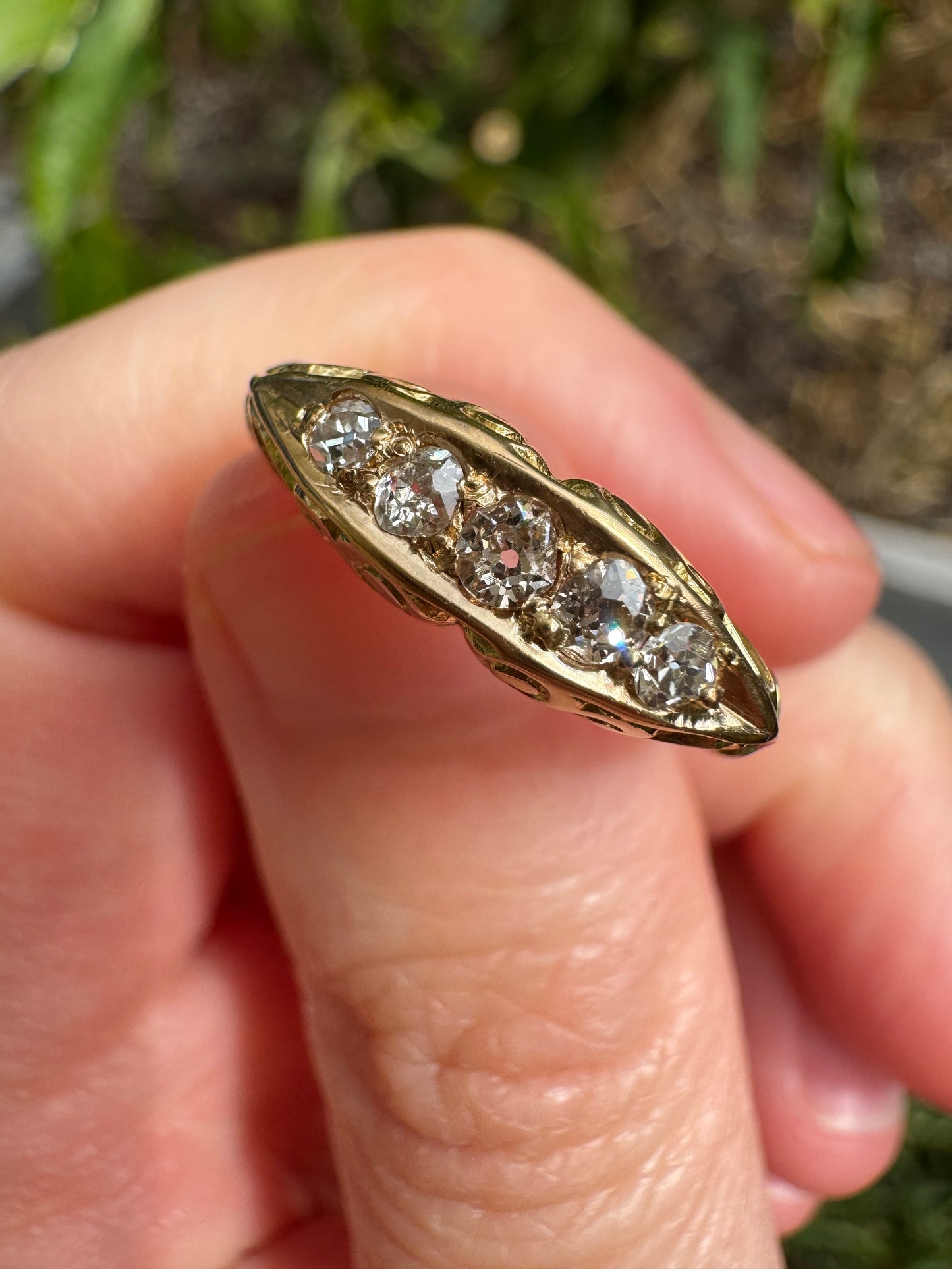 Antique English Edwardian 18ct yellow gold five stone 0.22ct TCW old mine cut diamond boat ring