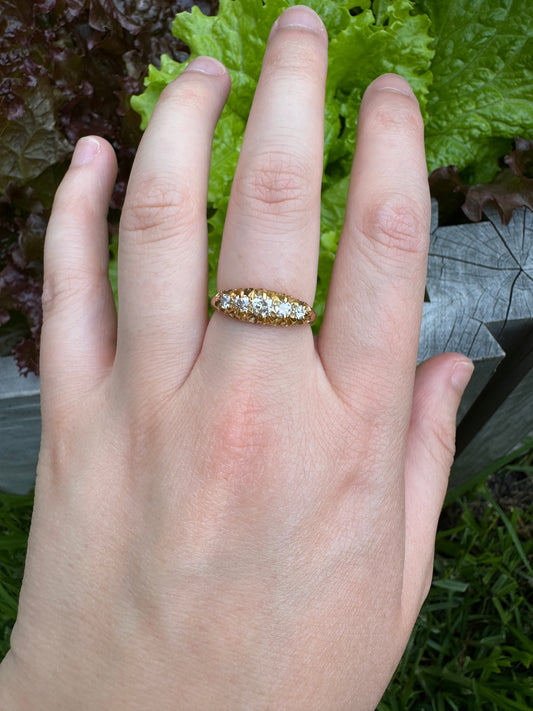 Antique 18ct yellow gold five stone 0.5ct TCW old European and old mine cut natural diamond boat ring