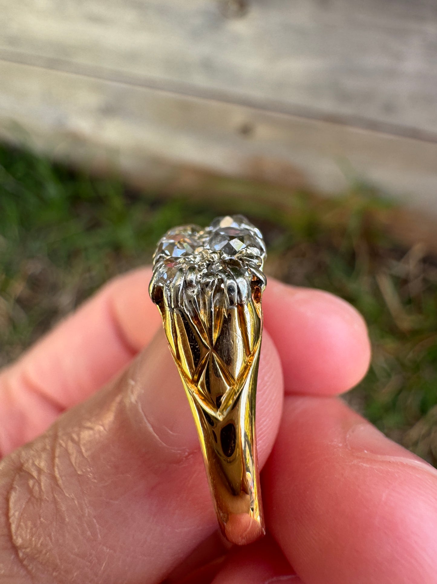 Antique 18ct yellow gold and platinum 1.1ct TCW old mine cut diamond double row ring