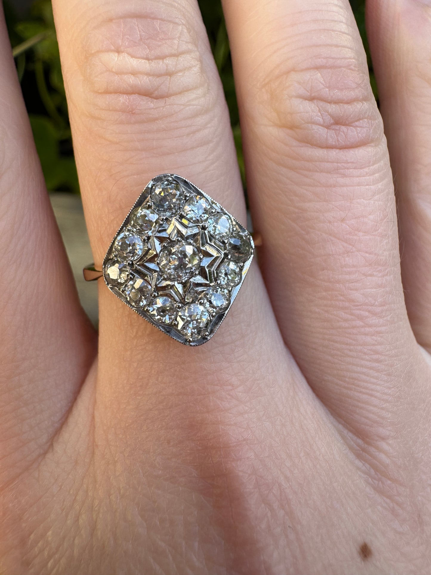 Antique 18ct yellow gold and platinum 1.2ct TCW old mine cut diamond plaque ring