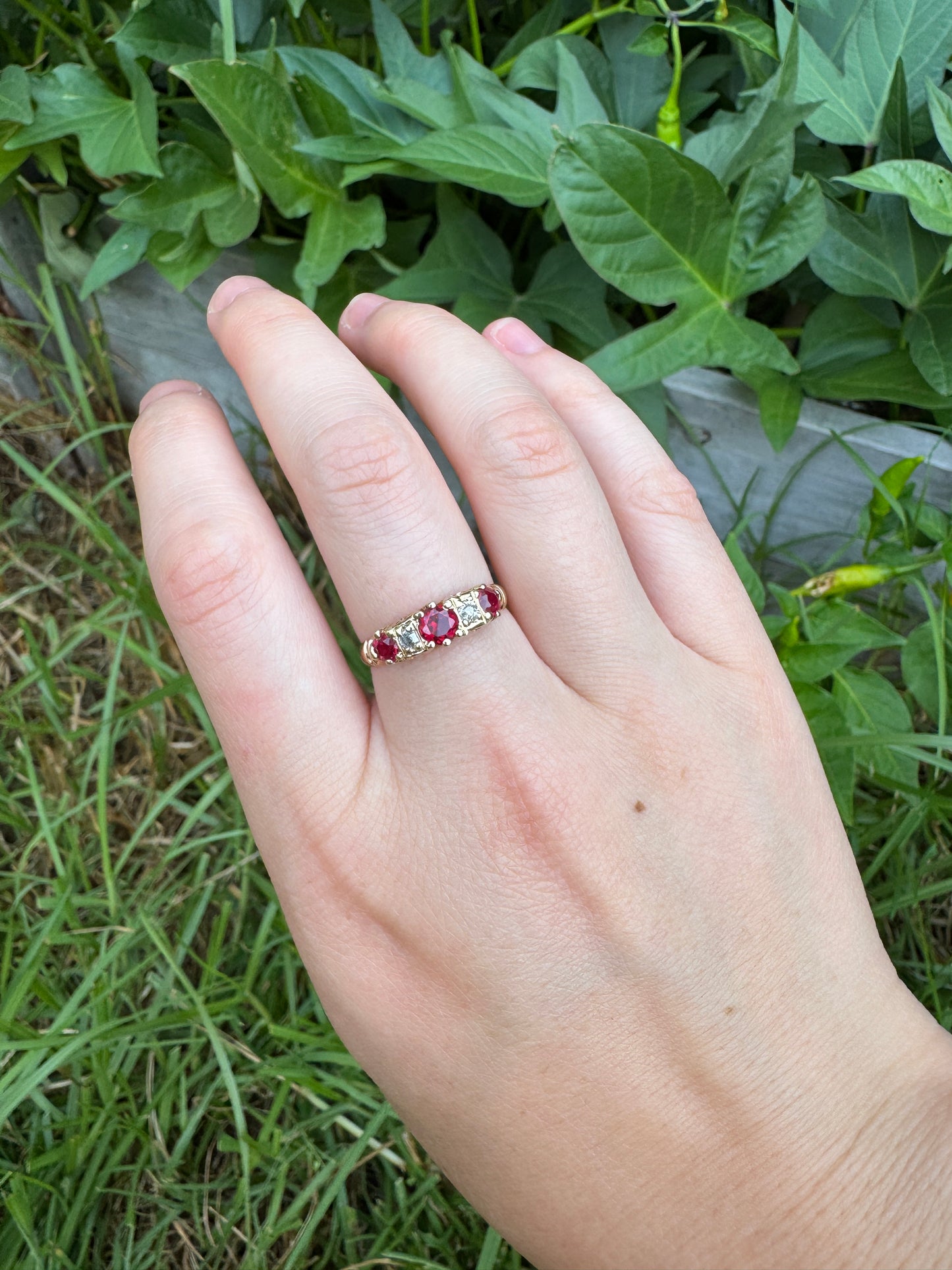 Antique Australian 15ct rosy yellow gold five stone synthetic ruby and old mine cut diamond ring