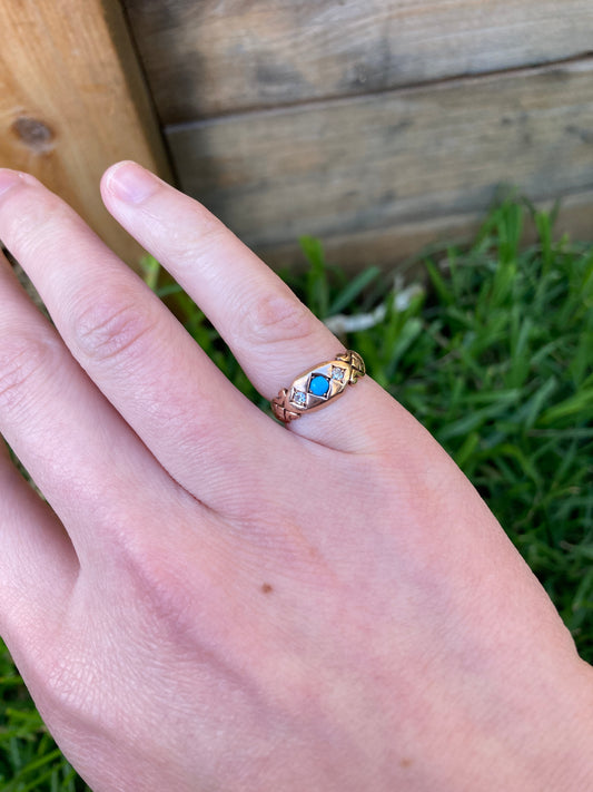 Antique 9ct rose gold turquoise and diamond gypsy ring