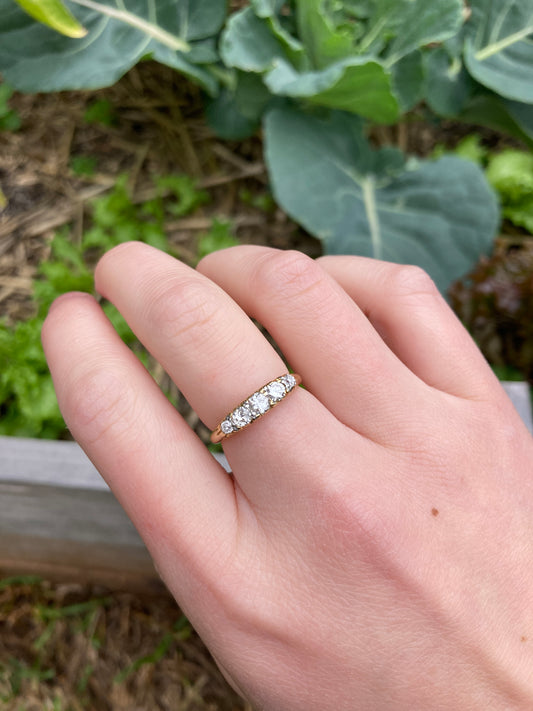 Antique 18ct yellow gold 0.5ct TCW old cut diamond five stone half hoop ring