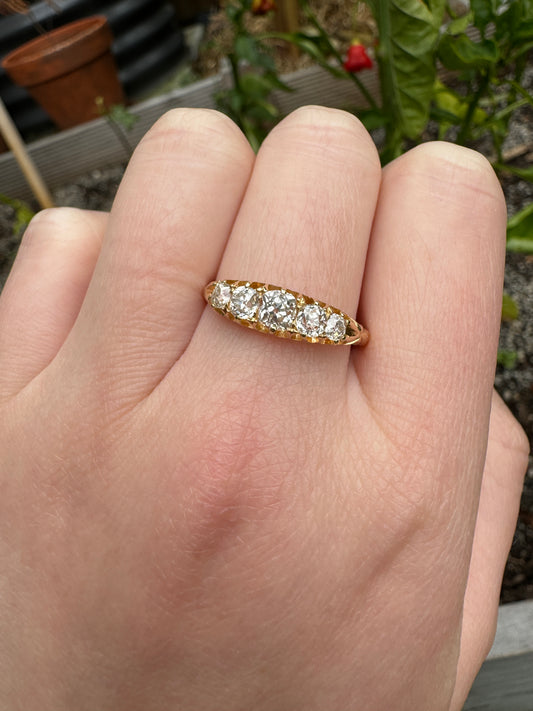 Vintage 18ct yellow gold 0.9ct TCW five stone old mine cut diamond ring