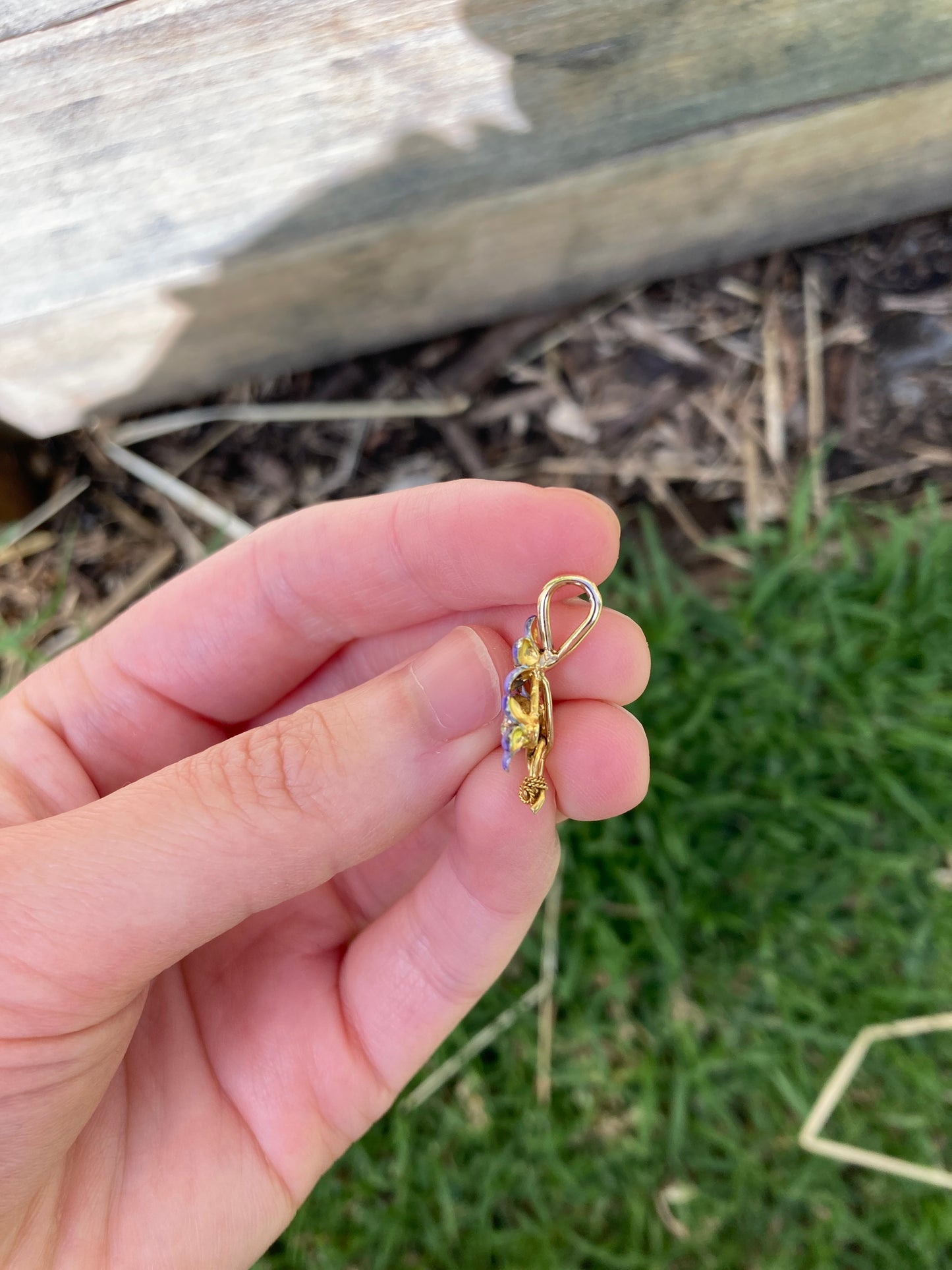 Vintage 9ct yellow gold enamel and old cut diamond flower bouquet pendant