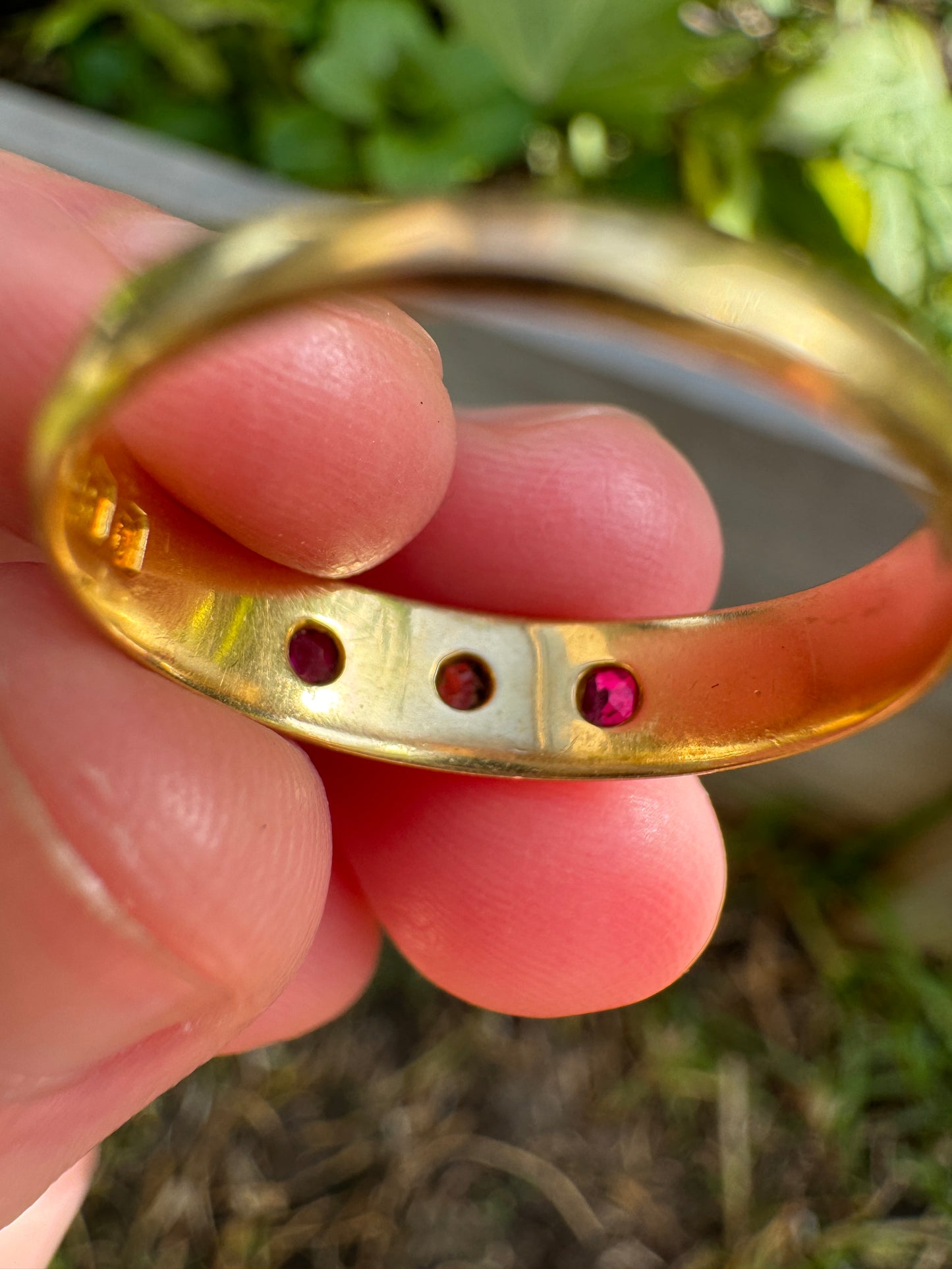 Antique Victorian 18ct yellow gold rose cut diamond and cushion cut ruby gypsy ring