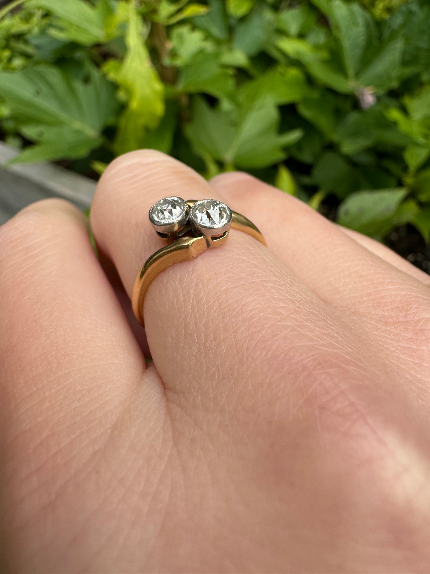 Vintage 18ct yellow gold 0.5ct TCW old mine cut diamond toi et moi ring