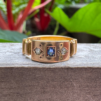 Antique Australian 15ct rosy yellow gold natural sapphire and old single cut diamond gypsy ring