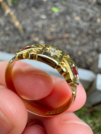 Antique Australian 15ct yellow gold rose cut diamond and ruby starset gypsy ring
