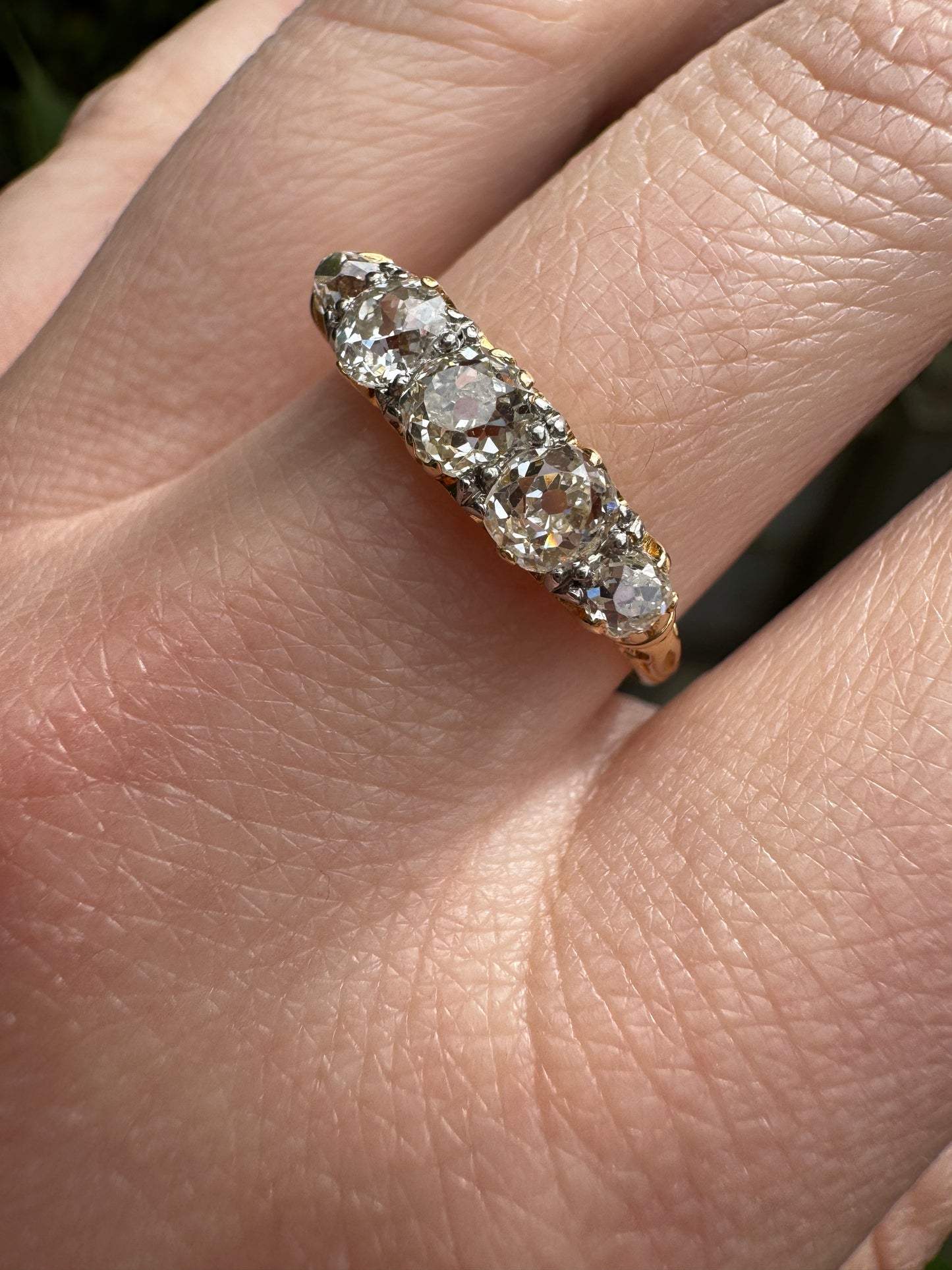 Antique 18ct gold old mine cut diamond five stone ring