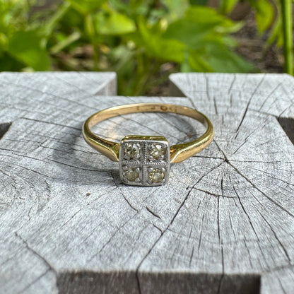 Vintage 18ct yellow gold and platinum four stone single cut diamond square ring