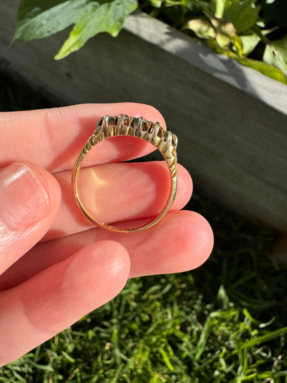 Antique Edwardian 18ct yellow gold five stone emerald and old mine cut diamond half hoop ring