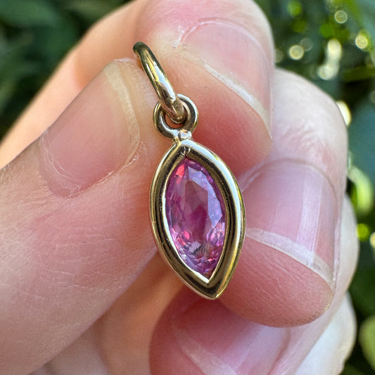 Custom 9ct yellow gold marquise cut 0.54ct pink sapphire bezel set pendant