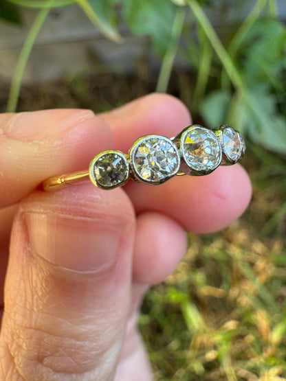 Vintage 18ct yellow gold and platinum five stone 0.69ct TCW old mine cut diamond bezel set ring