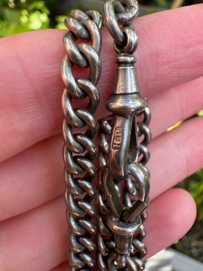 Antique sterling silver watch chain with two dog clips and t-bar, 35cm / 13.8 inches long