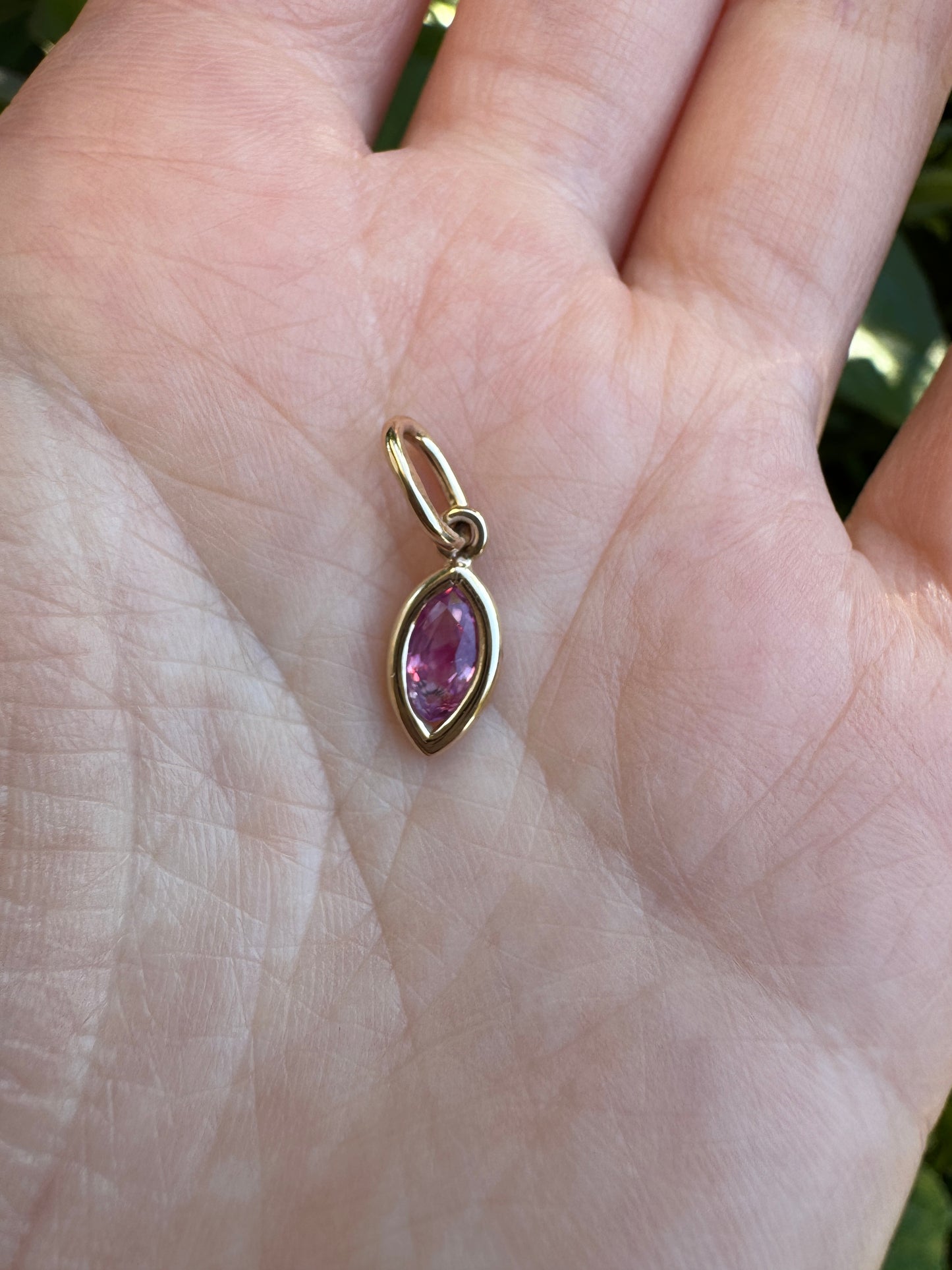 Custom 9ct yellow gold marquise cut 0.54ct pink sapphire bezel set pendant