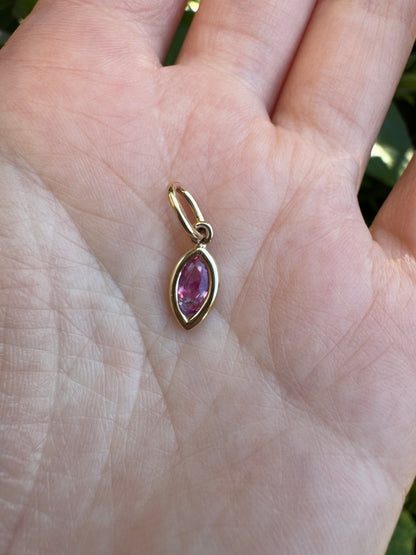 Custom 9ct yellow gold marquise cut 0.54ct pink sapphire bezel set pendant