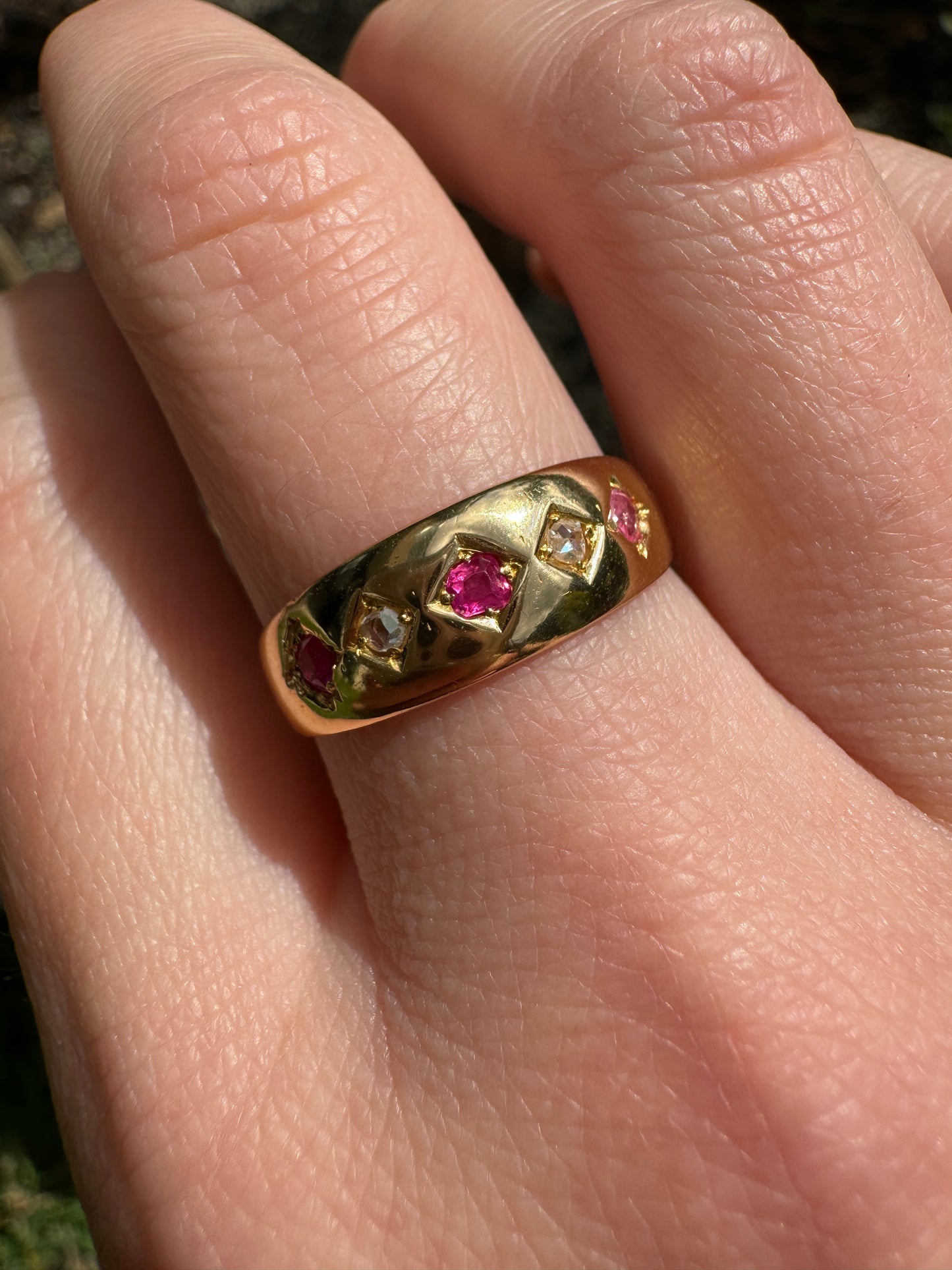 Antique 18ct yellow gold five stone rose cut diamond and pink sapphire gypsy ring