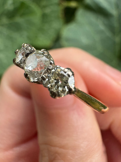Vintage English 18ct yellow gold three stone 0.86ct TCW old mine cut diamond ring