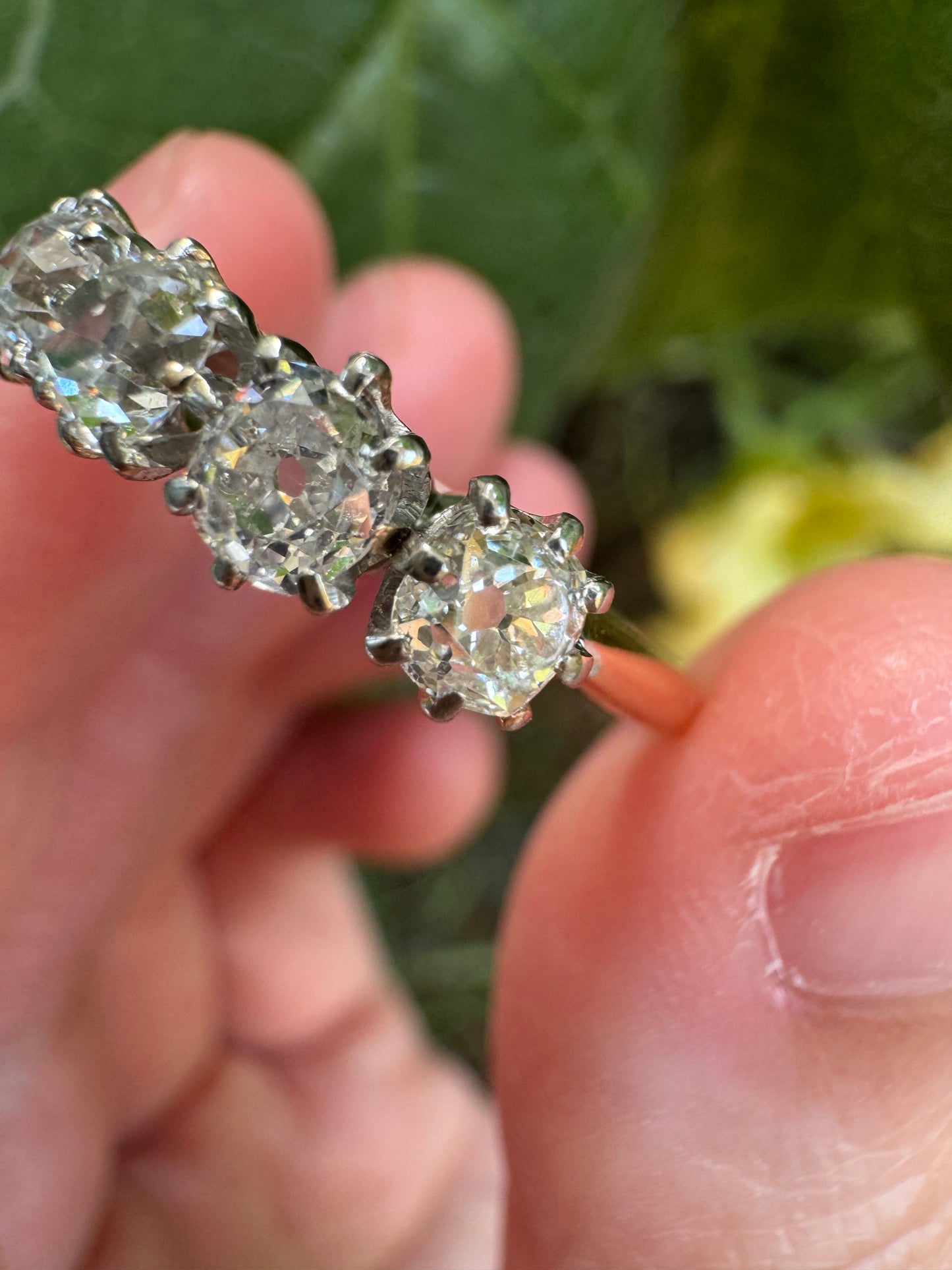 Antique 18ct yellow gold five stone 1.29ct TCW old mine cut diamond ring