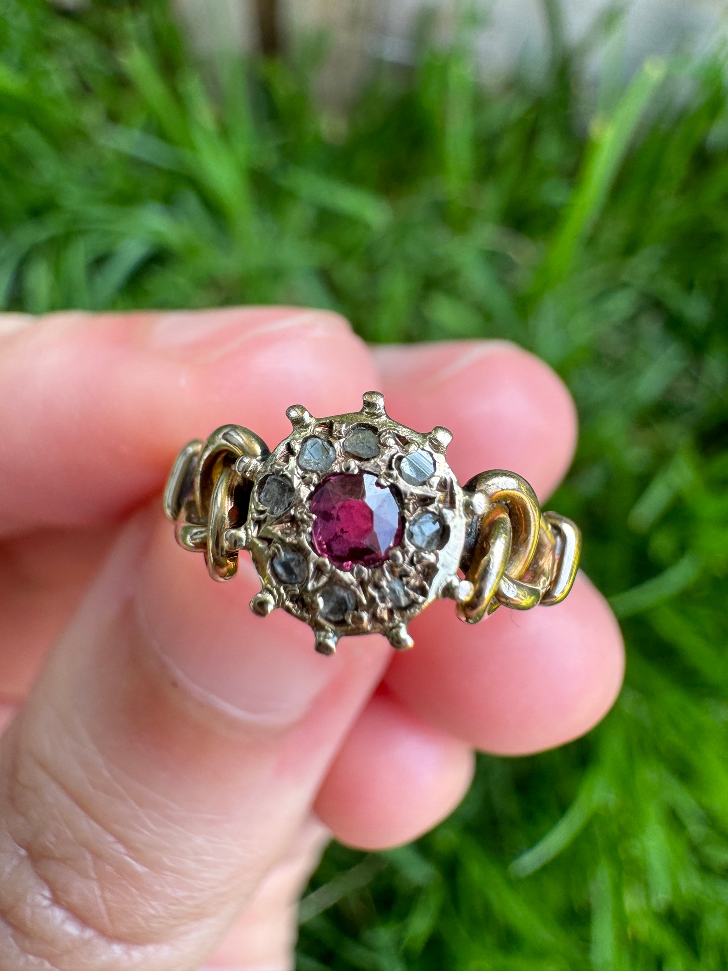 Antique Edwardian 15ct rosy yellow gold ruby and rose cut diamond cluster ring