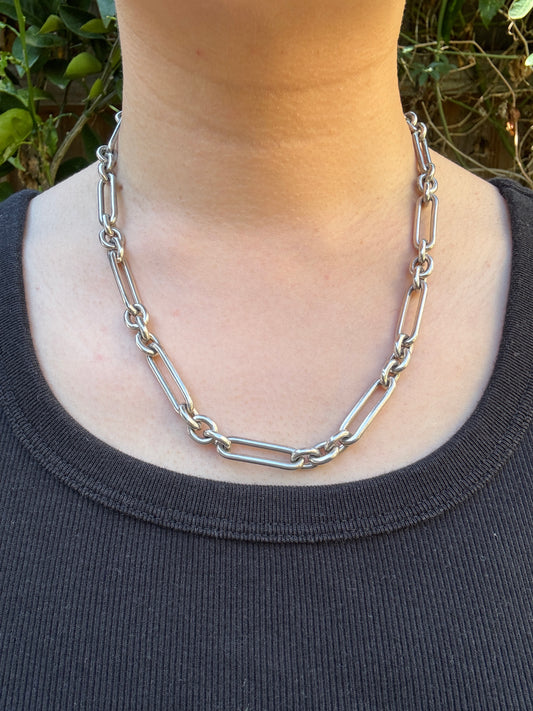 Antique silver trombone link necklace with dog clip, 50cm / 19.69 inches long