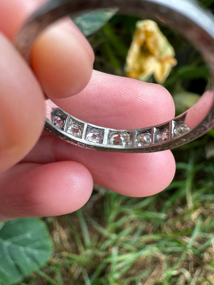 Vintage platinum 0.7ct TCW old mine cut diamond engraved half eternity ring