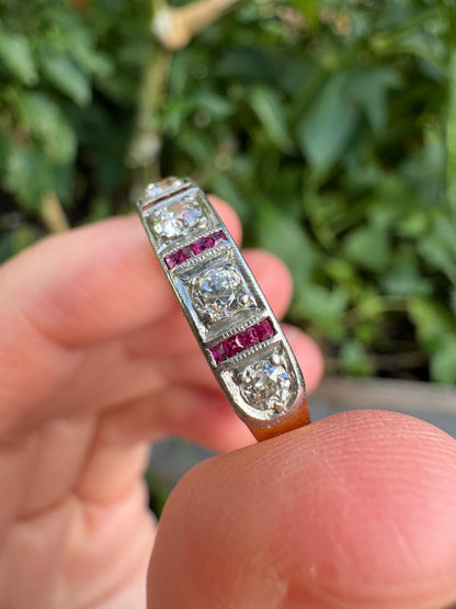 Antique 18ct yellow gold and platinum seven stone 0.73ct old cut diamond ring with 24 accent calibre cut rubies