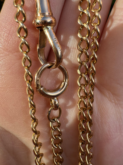 Antique 15ct yellow gold curb link watch chain with dog clip, 53.5cm / 21.06 inches long