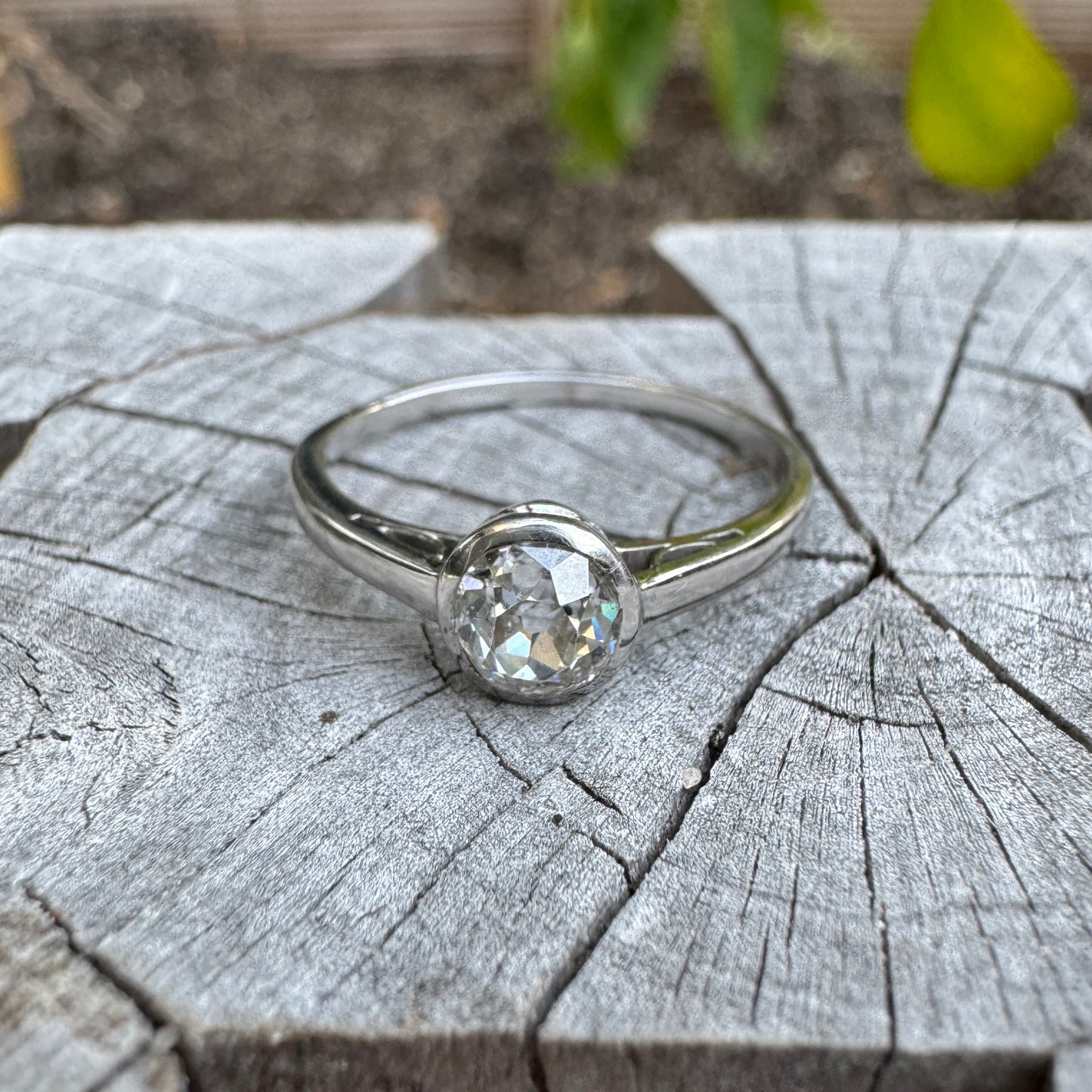 Vintage 18ct white gold 0.57ct old mine cut diamond bezel set solitaire ring