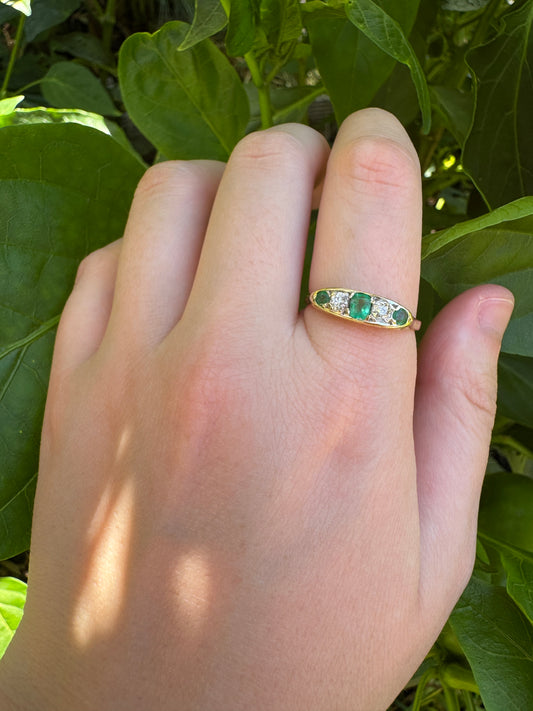Vintage 18ct yellow gold five stone 0.33ct TCW natural emerald and 0.25ct TCW old mine cut diamond ring