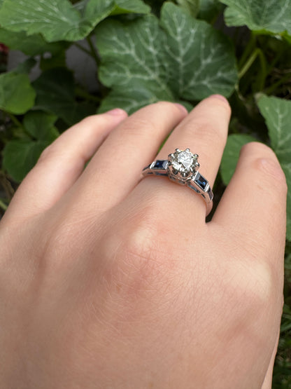 Antique 18ct white gold 0.87ct old European cut diamond and 0.5ct TCW baguette cut natural sapphire ring