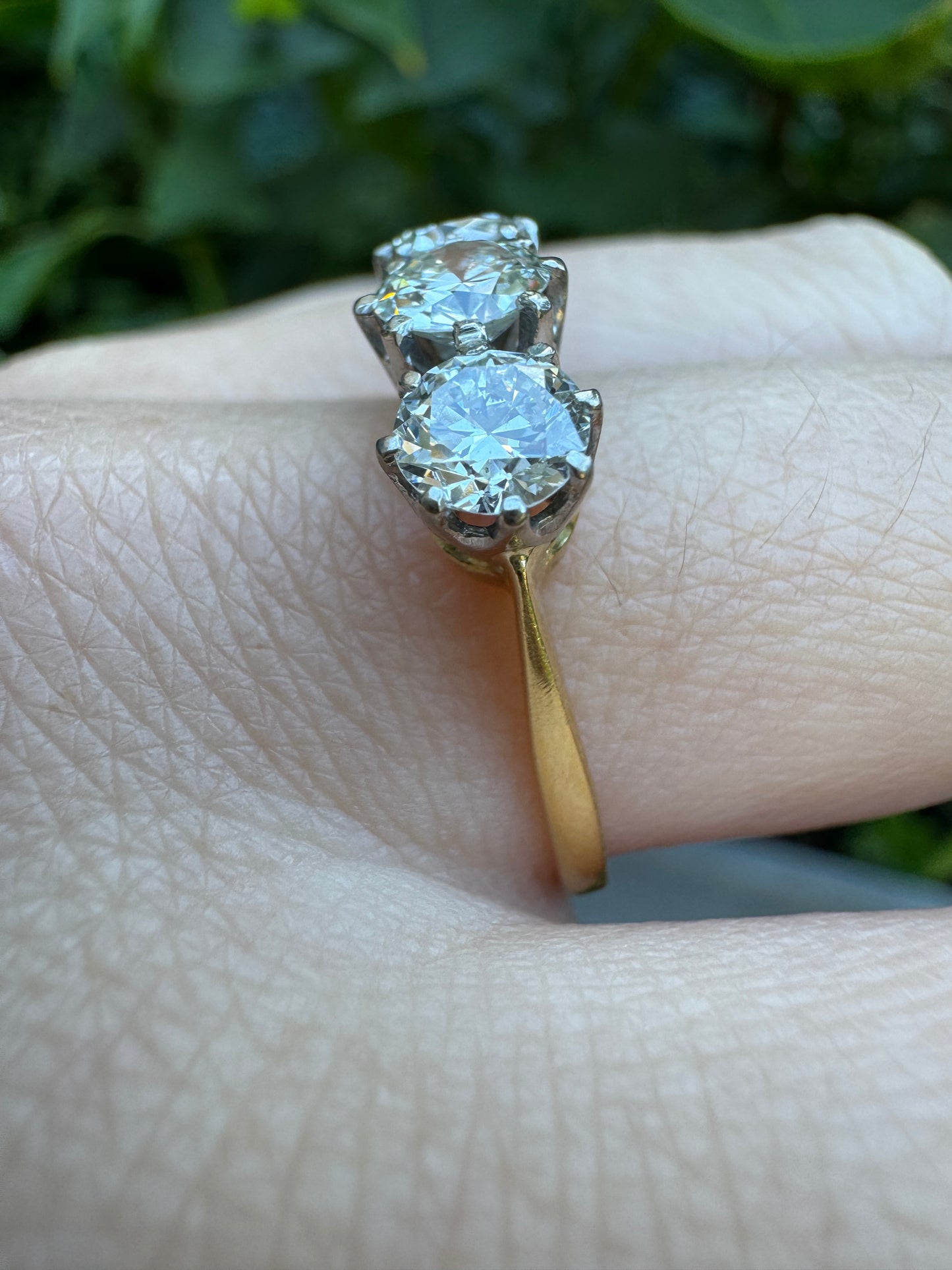 Vintage Mid Century 18ct yellow gold three stone 1.51ct TCW old European cut diamond ring