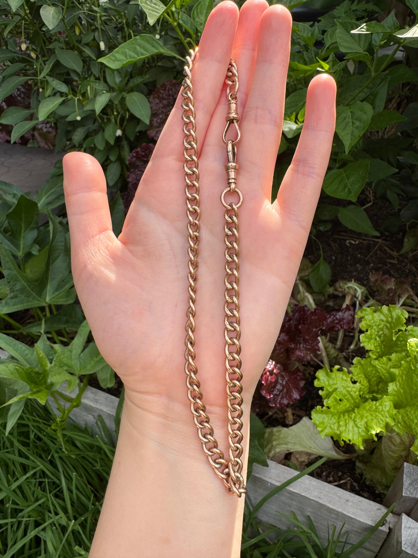 Vintage 9ct rosy yellow gold double Albert chain, 36cm / 14.2 inches long