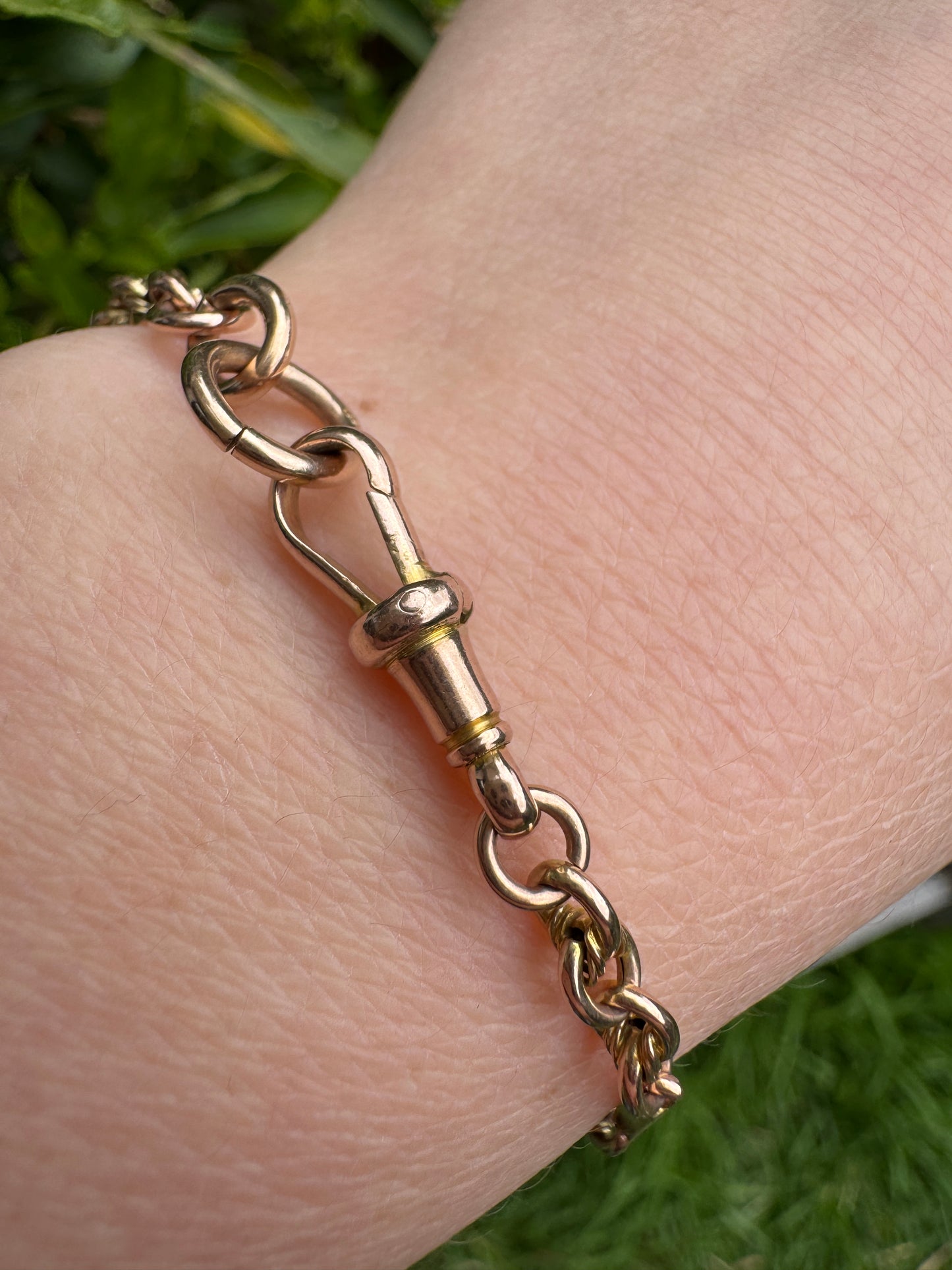 Antique 9ct rosy yellow gold bar and chain bracelet/extender with dog clip