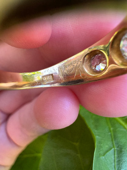 Vintage 18ct yellow gold three stone 0.7ct TCW old European cut and old mine cut diamond gypsy ring