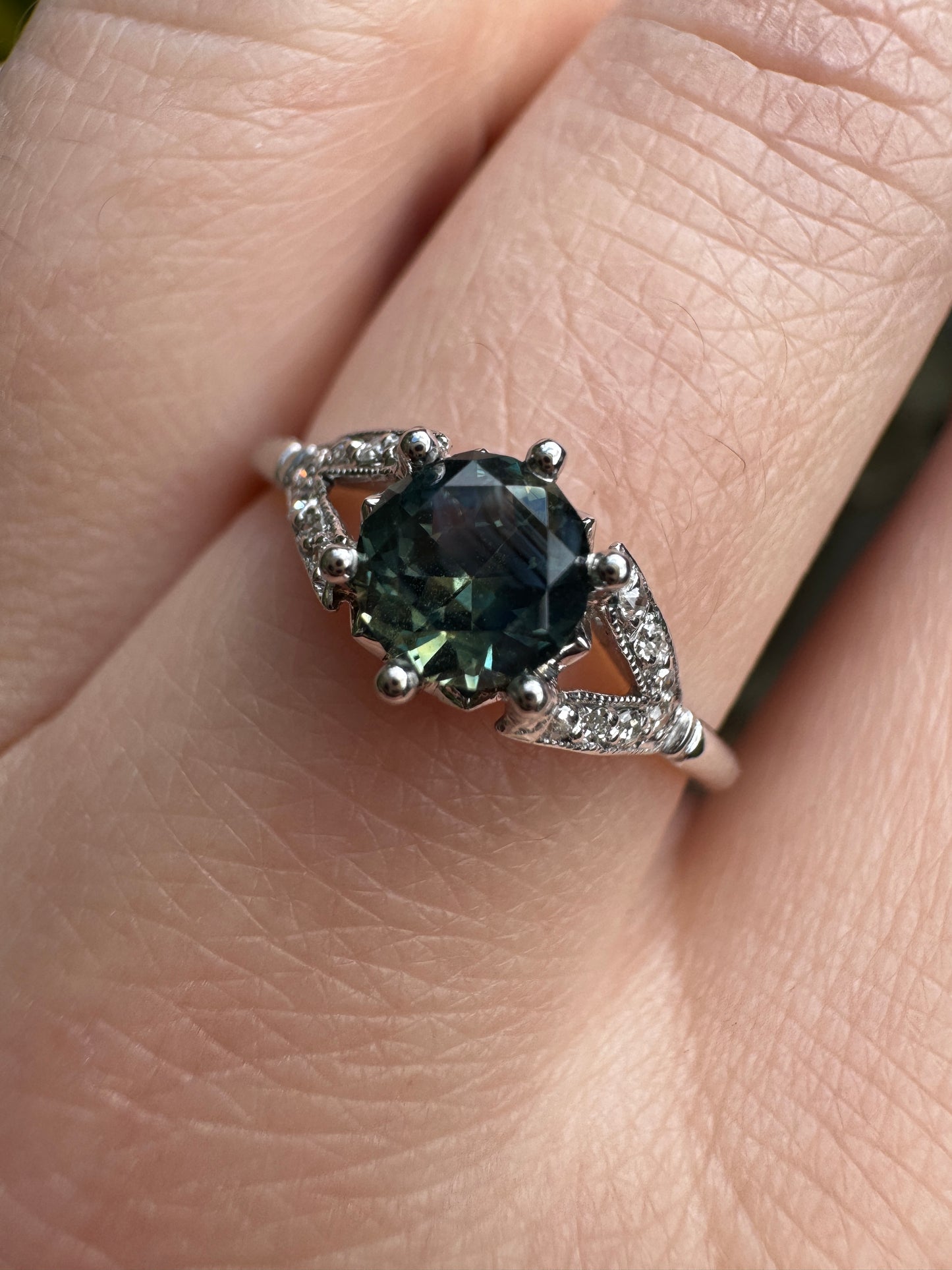 Antique platinum natural Australian parti sapphire and diamond ring