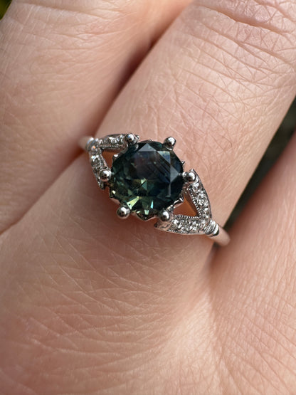 Antique platinum natural Australian parti sapphire and diamond ring