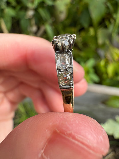 Antique 18ct gold old mine cut diamond trilogy ring