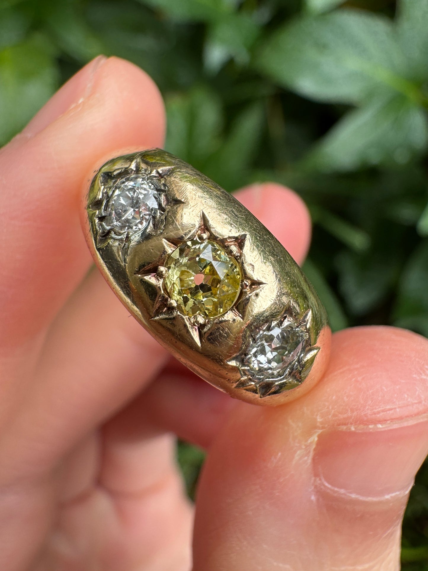 Antique 18ct yellow gold three stone 0.54ct TCW old cut diamond starset gypsy ring with fancy yellow centre