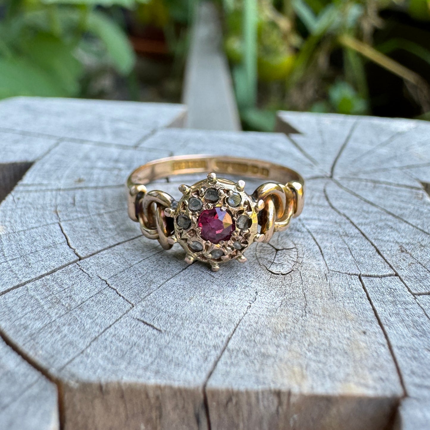 Antique Edwardian 15ct rosy yellow gold ruby and rose cut diamond cluster ring