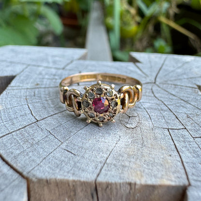 Antique Edwardian 15ct rosy yellow gold ruby and rose cut diamond cluster ring